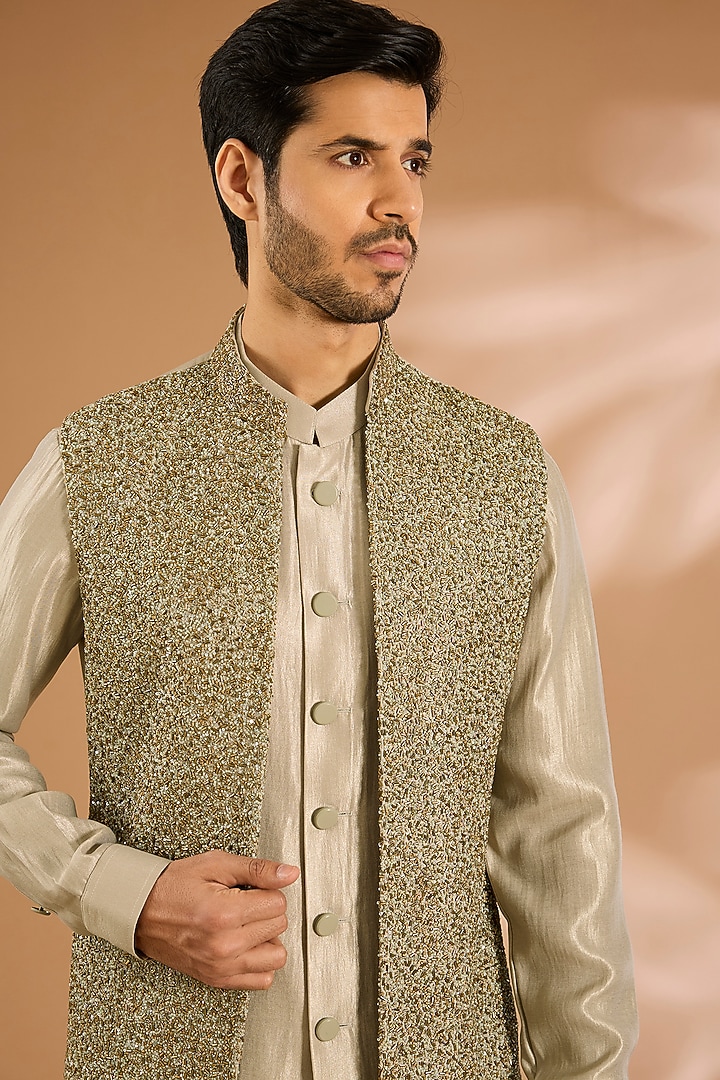 Light Sage Linen Silk Chanderi Sequin Embroidered Nehru Jacket Set by Qbik Men at Pernia's Pop Up Shop