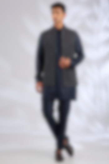 Navy Blue Linen Silk Chanderi Sequin Embroidered Nehru Jacket Set by Qbik Men at Pernia's Pop Up Shop