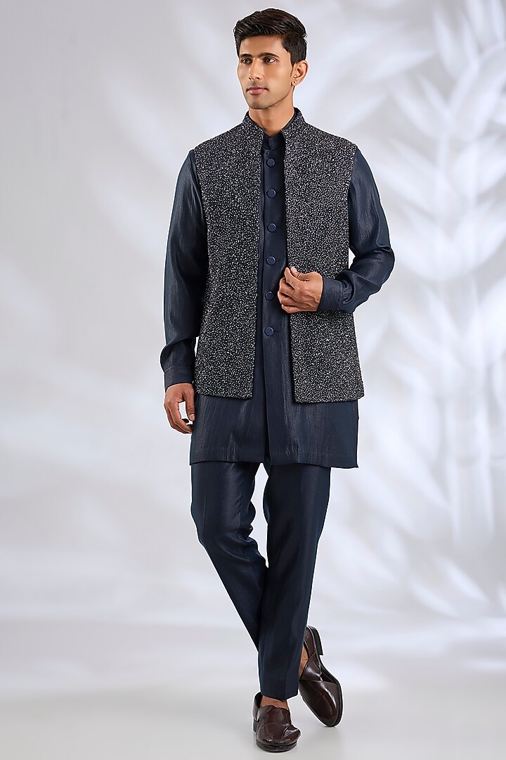Navy Blue Linen Silk Chanderi Sequin Embroidered Nehru Jacket Set by Qbik Men at Pernia's Pop Up Shop