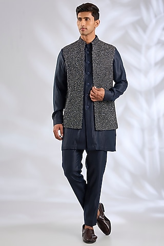 Navy Blue Linen Silk Chanderi Sequin Embroidered Nehru Jacket Set by Qbik Men
