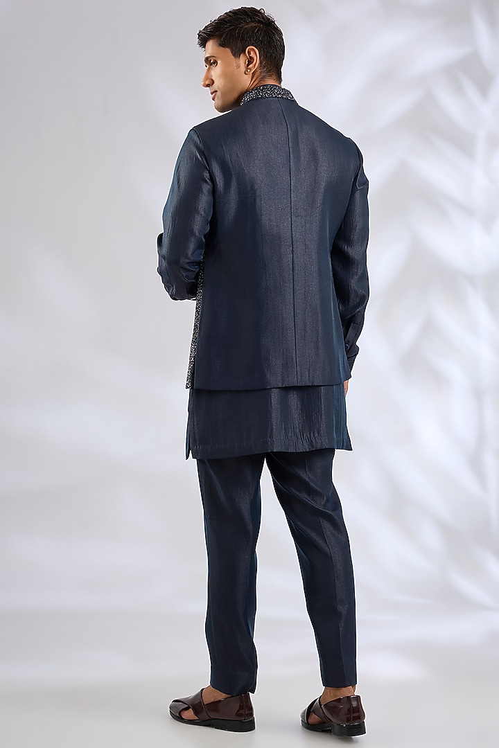 Navy Blue Linen Silk Chanderi Sequin Embroidered Nehru Jacket Set by Qbik Men at Pernia's Pop Up Shop