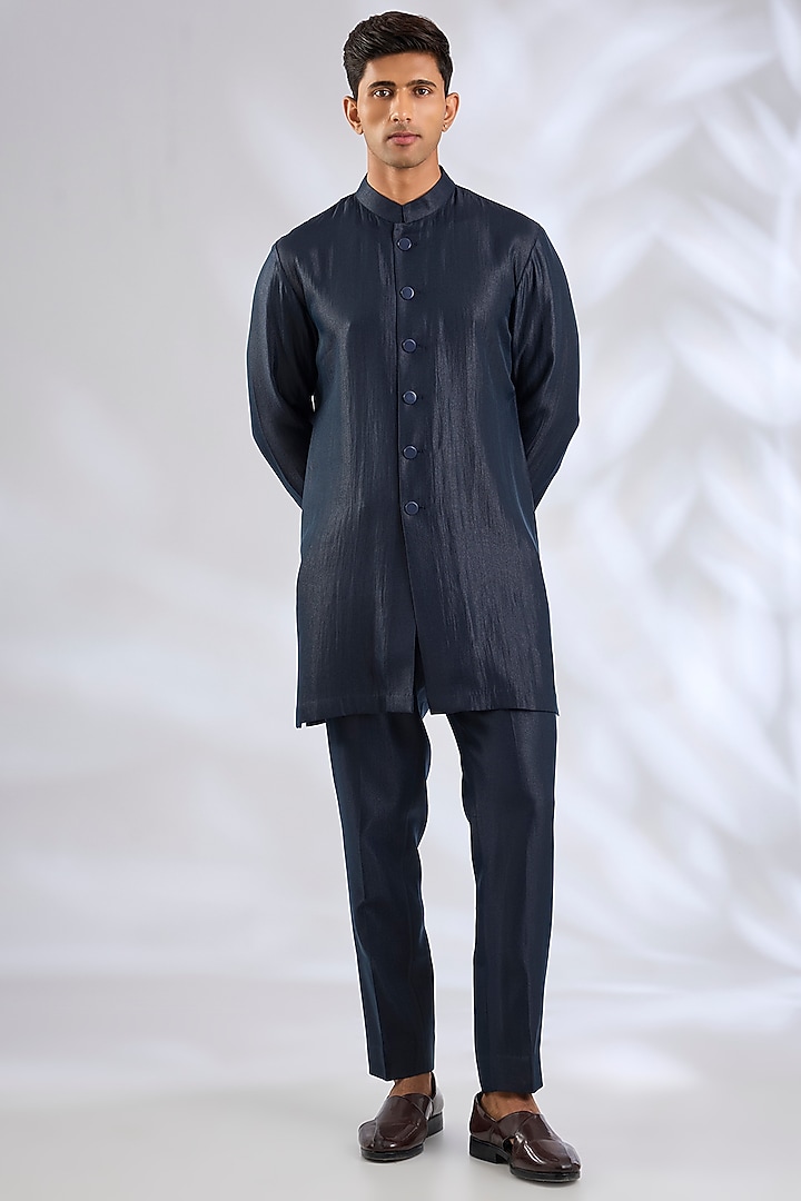 Navy Blue Linen Silk Chanderi Sequin Embroidered Nehru Jacket Set by Qbik Men at Pernia's Pop Up Shop