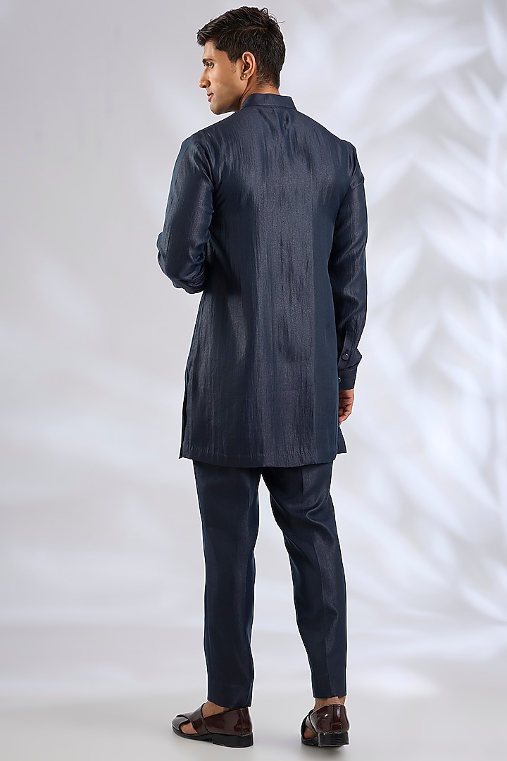 Navy Blue Linen Silk Chanderi Sequin Embroidered Nehru Jacket Set by Qbik Men at Pernia's Pop Up Shop