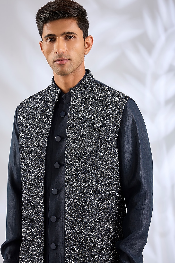 Navy Blue Linen Silk Chanderi Sequin Embroidered Nehru Jacket Set by Qbik Men at Pernia's Pop Up Shop