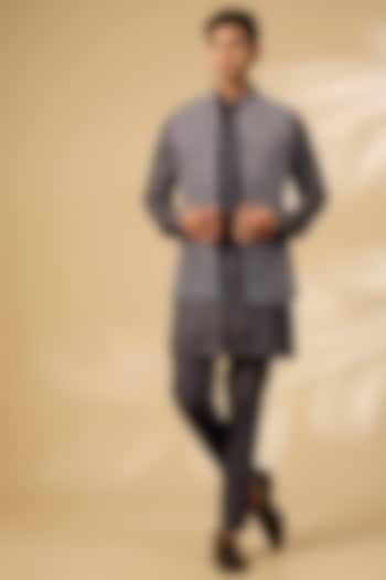 Charcoal Grey Viscose Suiting Artwork Indowestern Set by Qbik Men