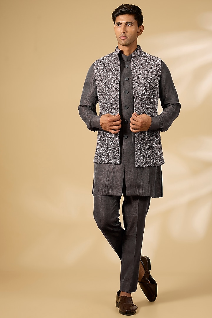 Charcoal Grey Viscose Suiting Artwork Indowestern Set by Qbik Men