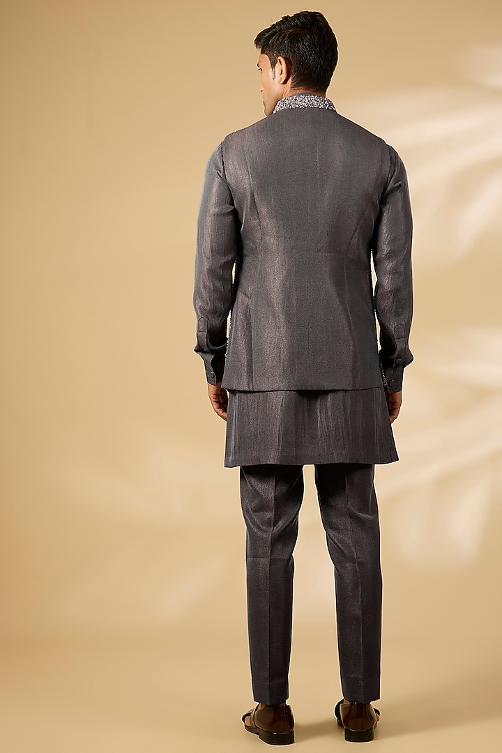 Charcoal Grey Linen Silk Chanderi Embroidered Nehru Jacket Set by Qbik Men at Pernia's Pop Up Shop