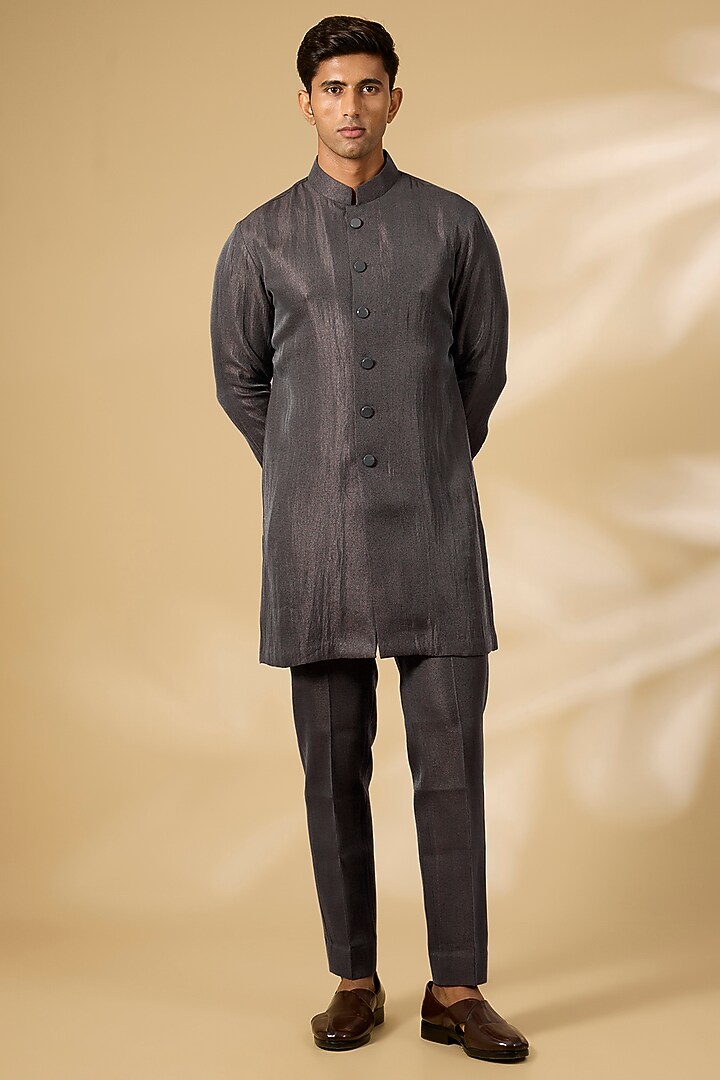 Charcoal Grey Linen Silk Chanderi Embroidered Nehru Jacket Set by Qbik Men at Pernia's Pop Up Shop