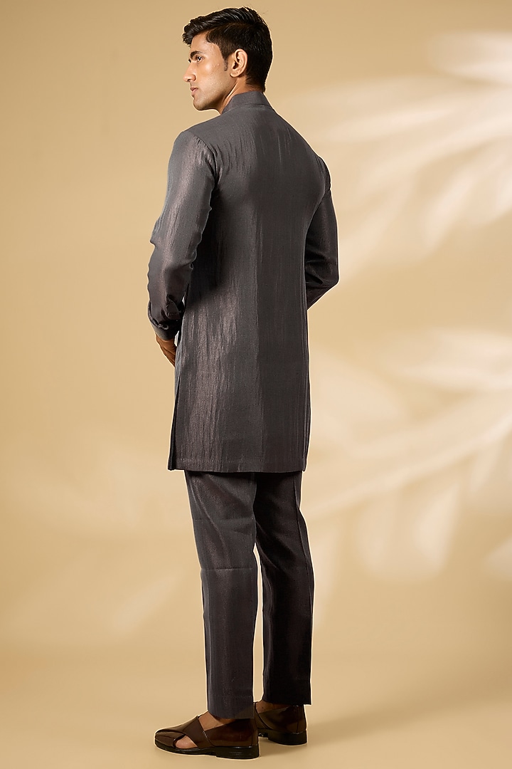 Charcoal Grey Linen Silk Chanderi Embroidered Nehru Jacket Set by Qbik Men at Pernia's Pop Up Shop