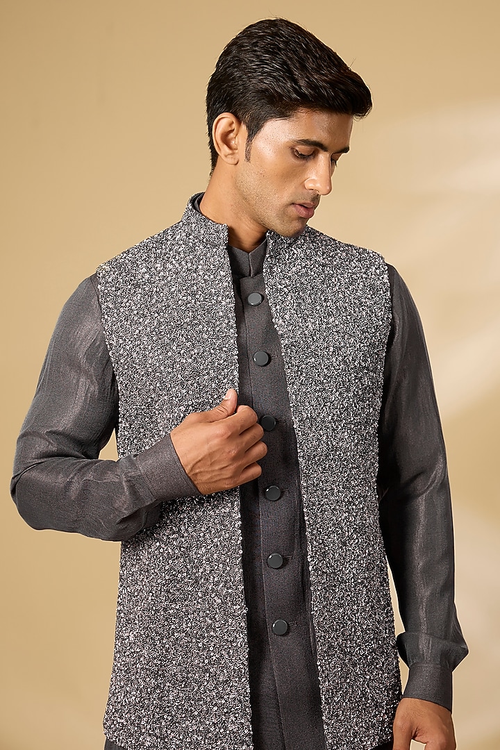 Charcoal Grey Linen Silk Chanderi Embroidered Nehru Jacket Set by Qbik Men at Pernia's Pop Up Shop