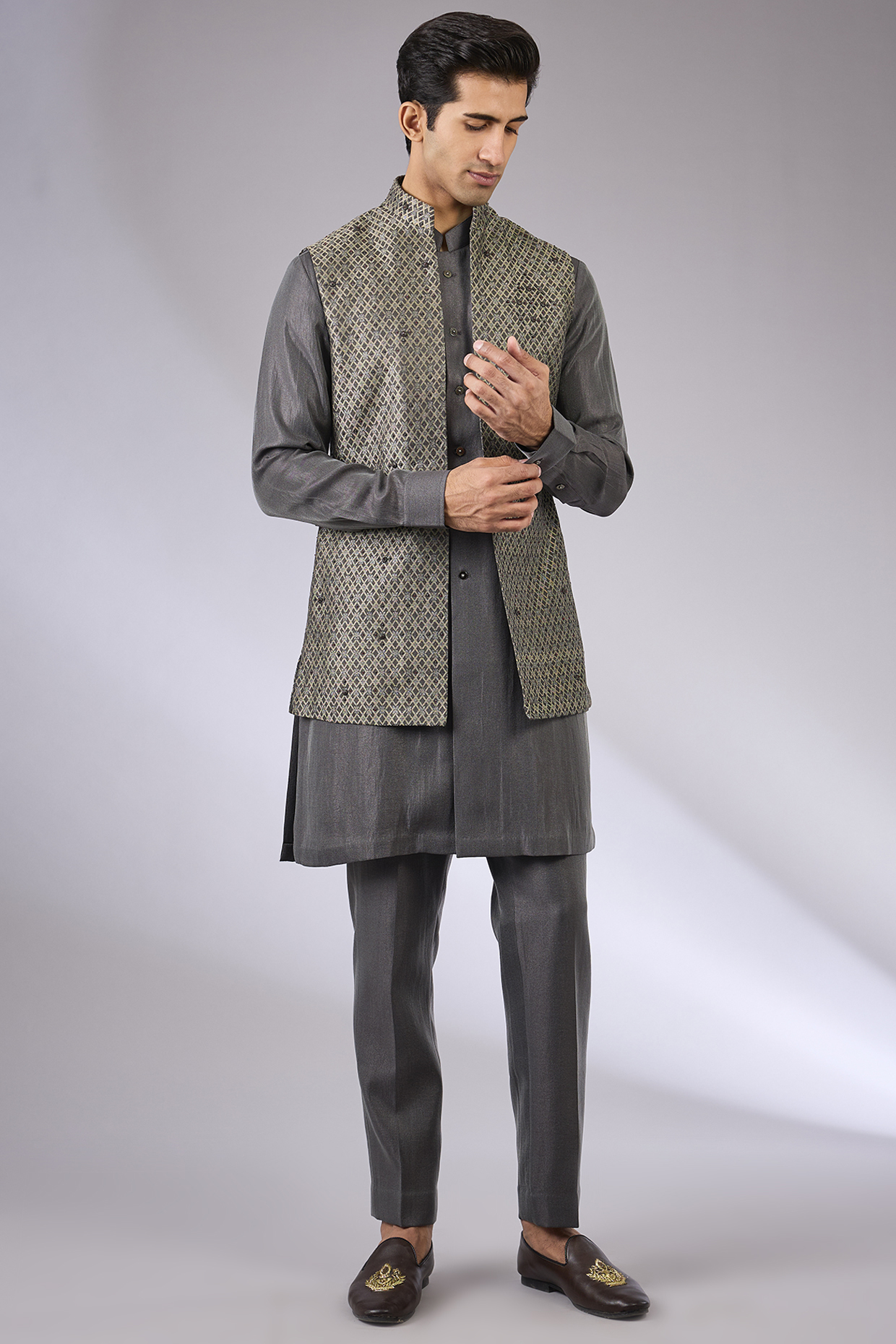 Black & Grey Cotton Matka Indowestern Jacket Set by Qbik Men