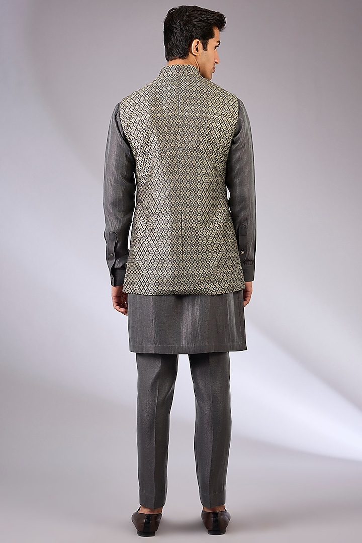 Grey Cotton Matka Wedding Indowestern Jacket Set by Qbik Men at Pernia's Pop Up Shop