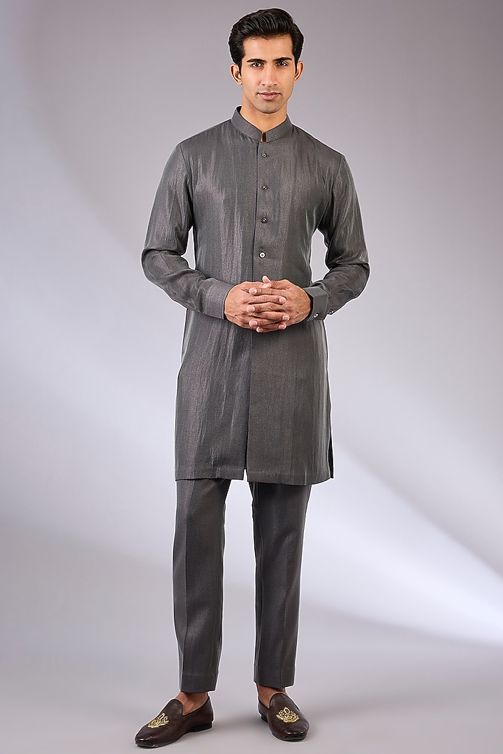 Grey Cotton Matka Wedding Indowestern Jacket Set by Qbik Men at Pernia's Pop Up Shop
