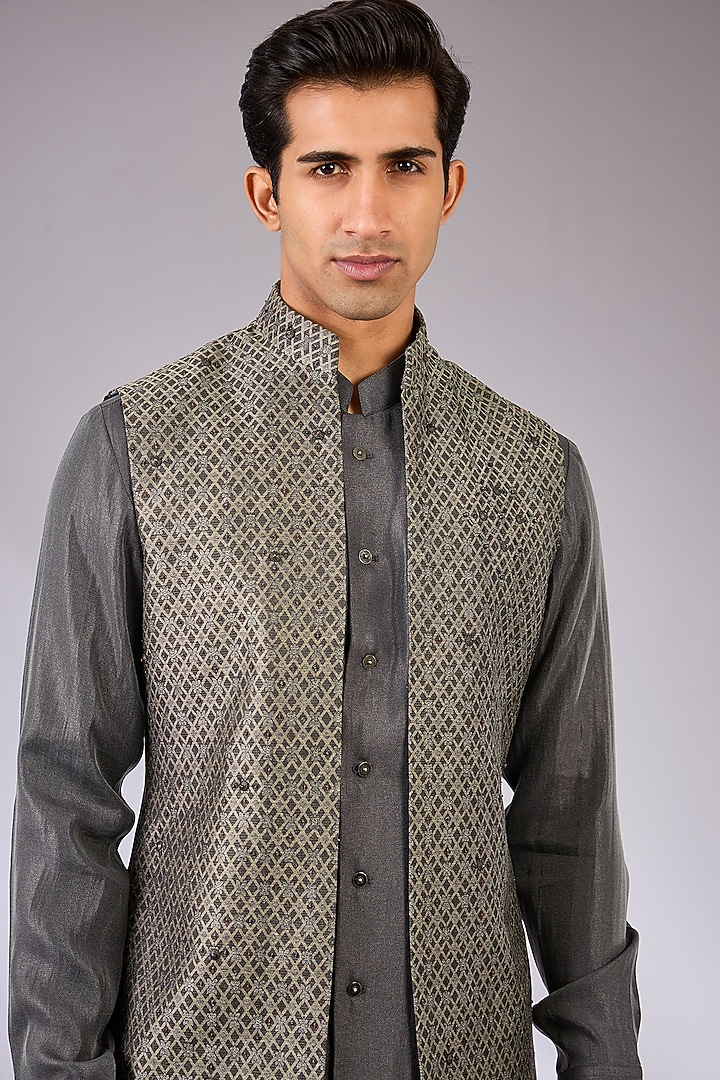 Grey Cotton Matka Wedding Indowestern Jacket Set by Qbik Men at Pernia's Pop Up Shop