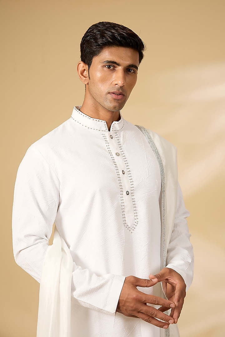 Ivory Georgette Striped Kurta Set by Qbik Men at Pernia's Pop Up Shop