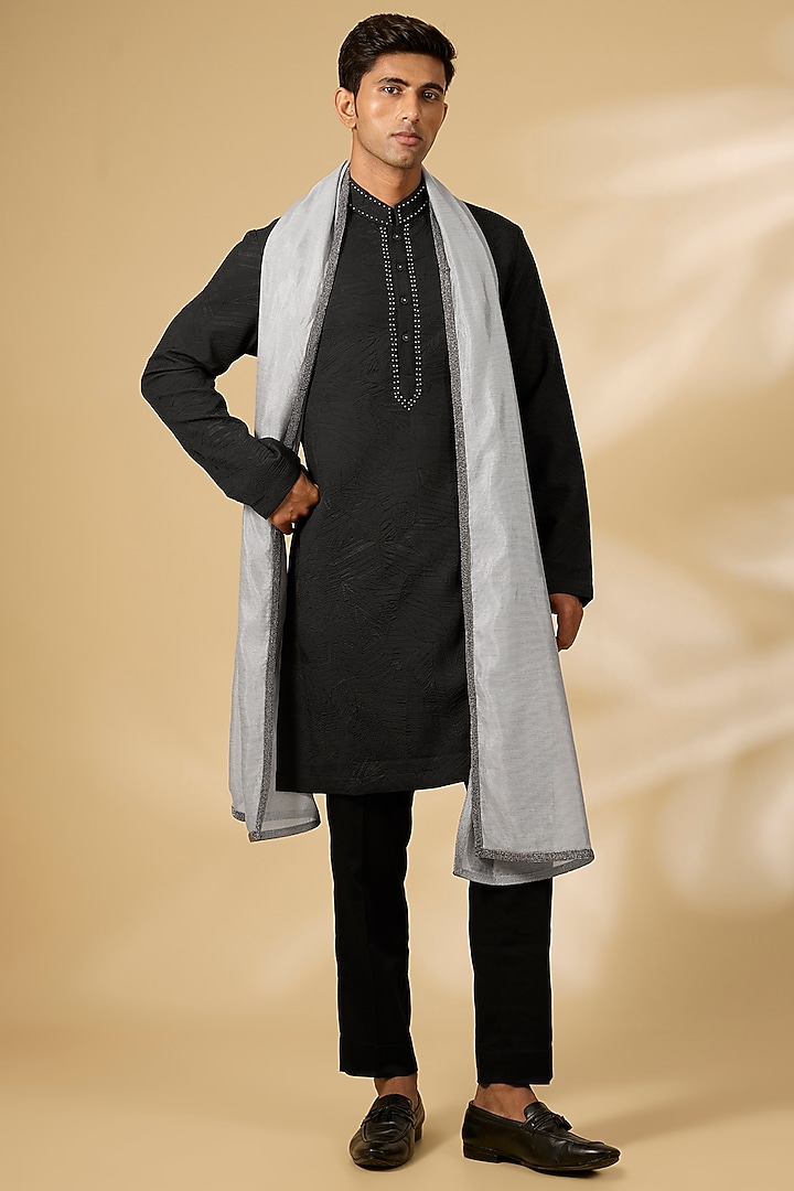 Black Georgette Kurta Set by Qbik Men