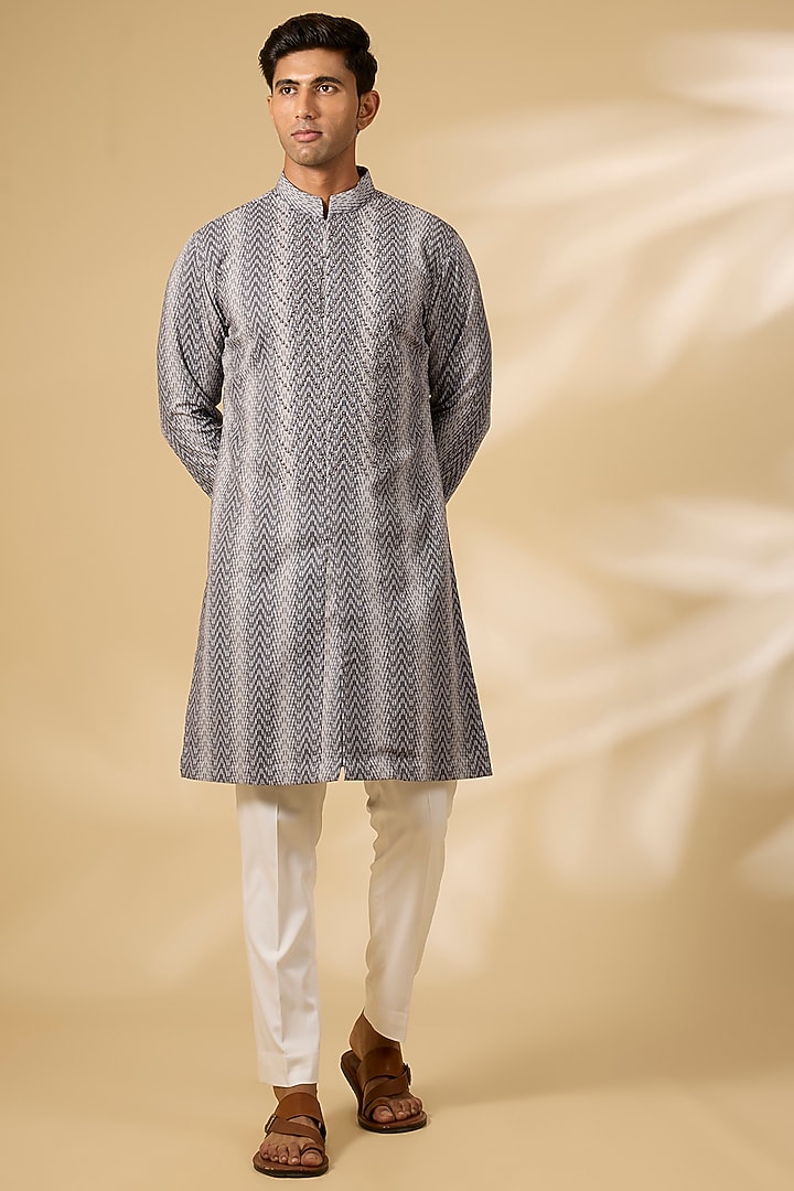 Grey Terry Rayon Embroidered Kurta Set by Qbik Men