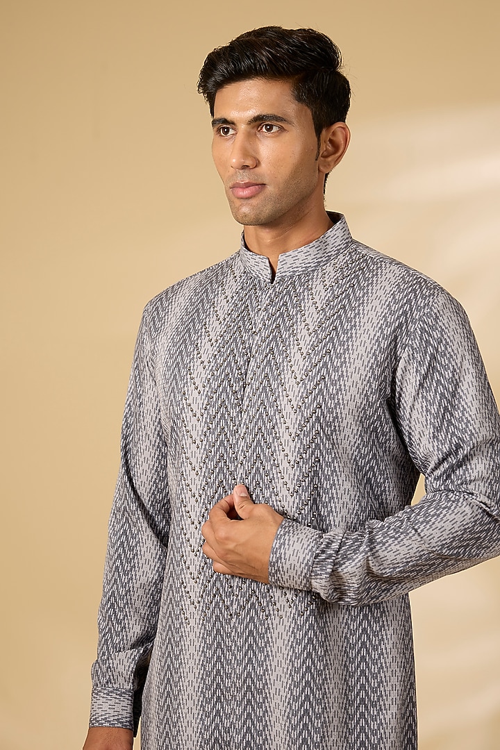 Grey Terry Rayon Embroidered Kurta Set by Qbik Men at Pernia's Pop Up Shop