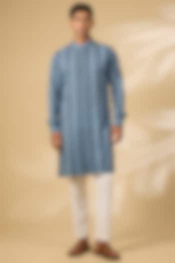 Navy Blue Terry Rayon Embroidered Kurta Set by Qbik Men