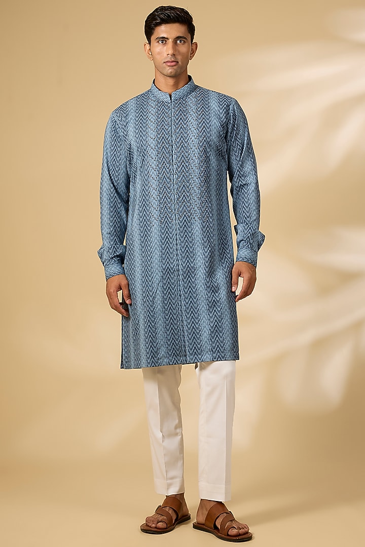 Navy Blue Terry Rayon Embroidered Kurta Set by Qbik Men