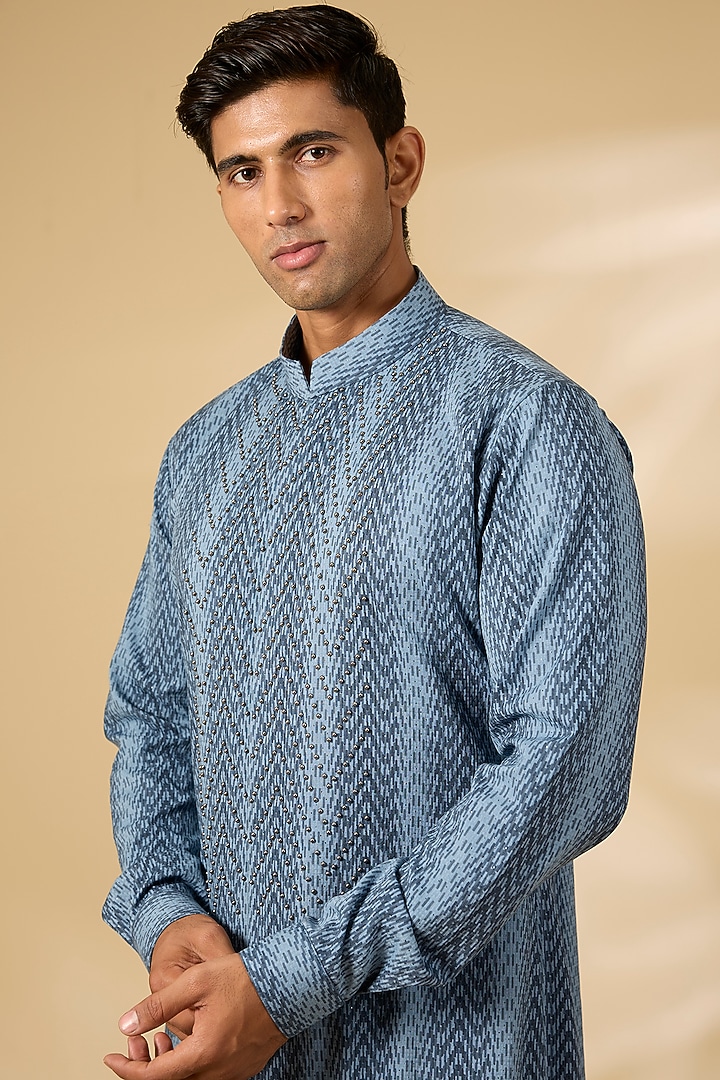 Navy Blue Terry Rayon Embroidered Kurta Set by Qbik Men at Pernia's Pop Up Shop