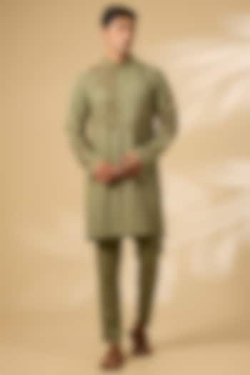 Olive Matka Cotton & Cotton Silk Embroidered Kurta Set by Qbik Men