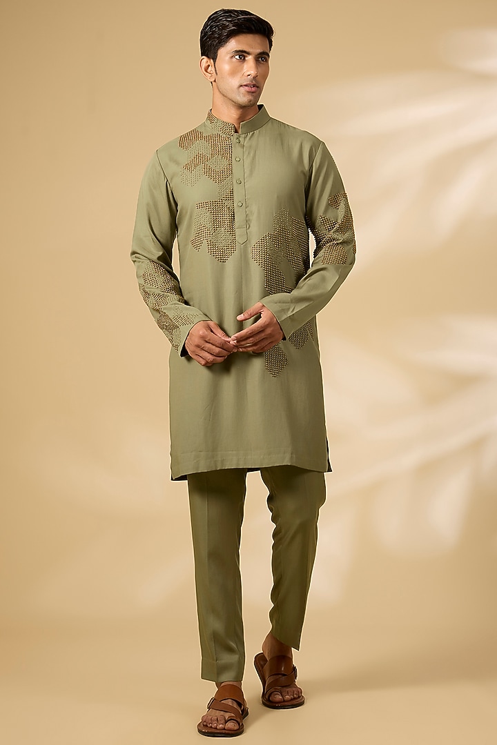 Olive Matka Cotton & Cotton Silk Embroidered Kurta Set by Qbik Men