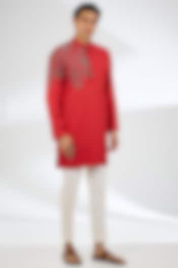 Red Tencel Kurta Set by Qbik Men