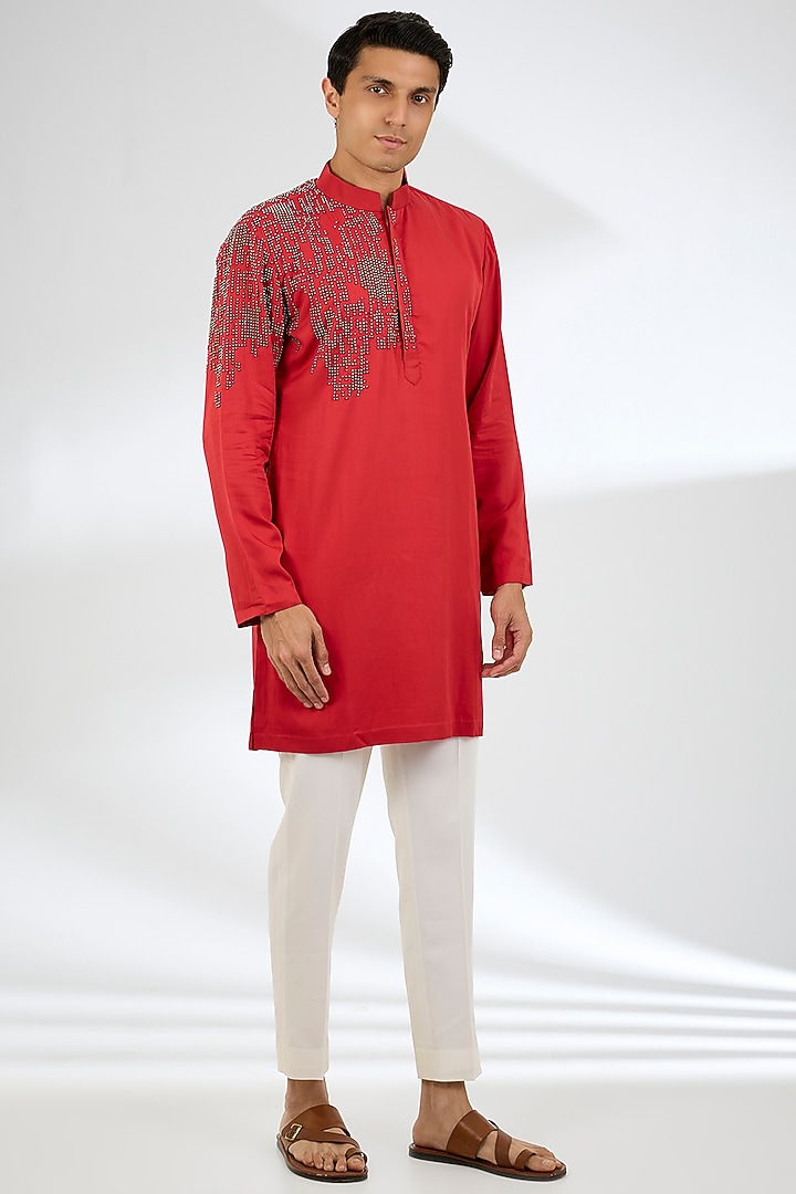 Red Tencel Kurta Set by Qbik Men