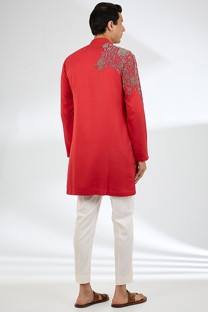 Red Tencel Kurta Set by Qbik Men at Pernia's Pop Up Shop