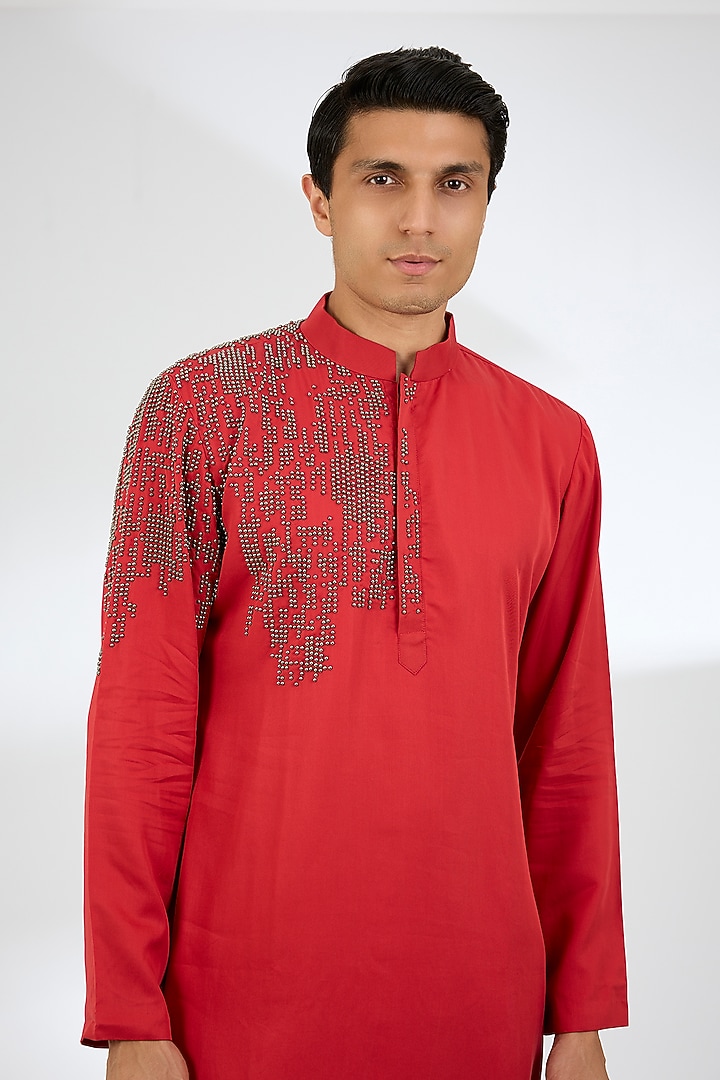 Red Tencel Kurta Set by Qbik Men at Pernia's Pop Up Shop