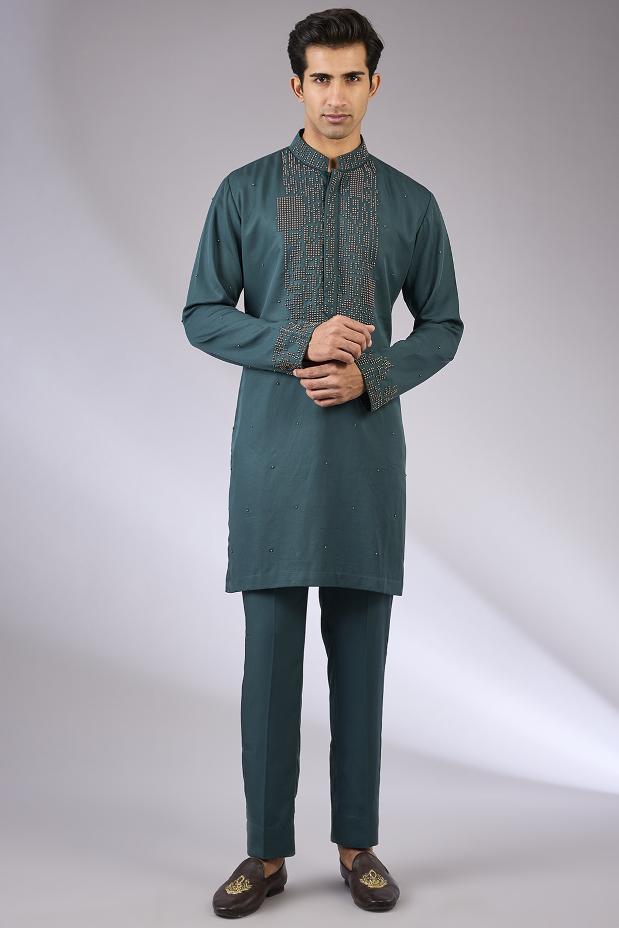 Teal Cotton & Cotton Matka Kurta Set by Qbik Men