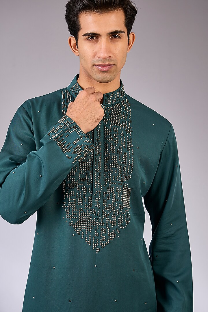 Teal Cotton & Cotton Matka Kurta Set by Qbik Men at Pernia's Pop Up Shop