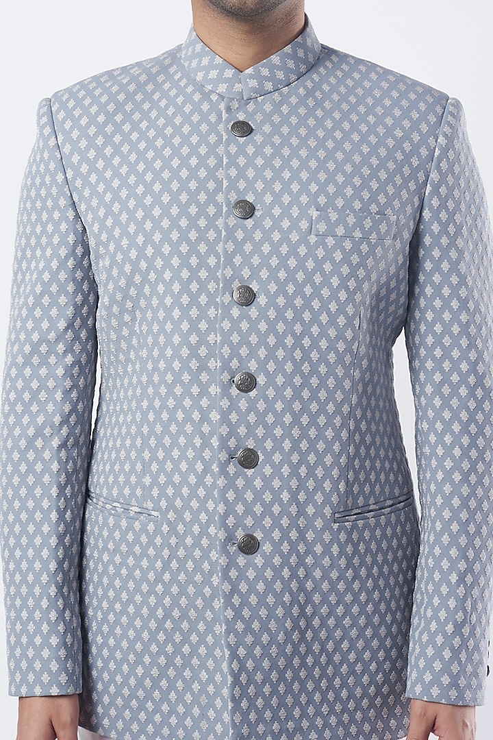 Aqua Blue Viscose Wool Wedding Bandhgala Jacket Set by Qbik Men at Pernia's Pop Up Shop