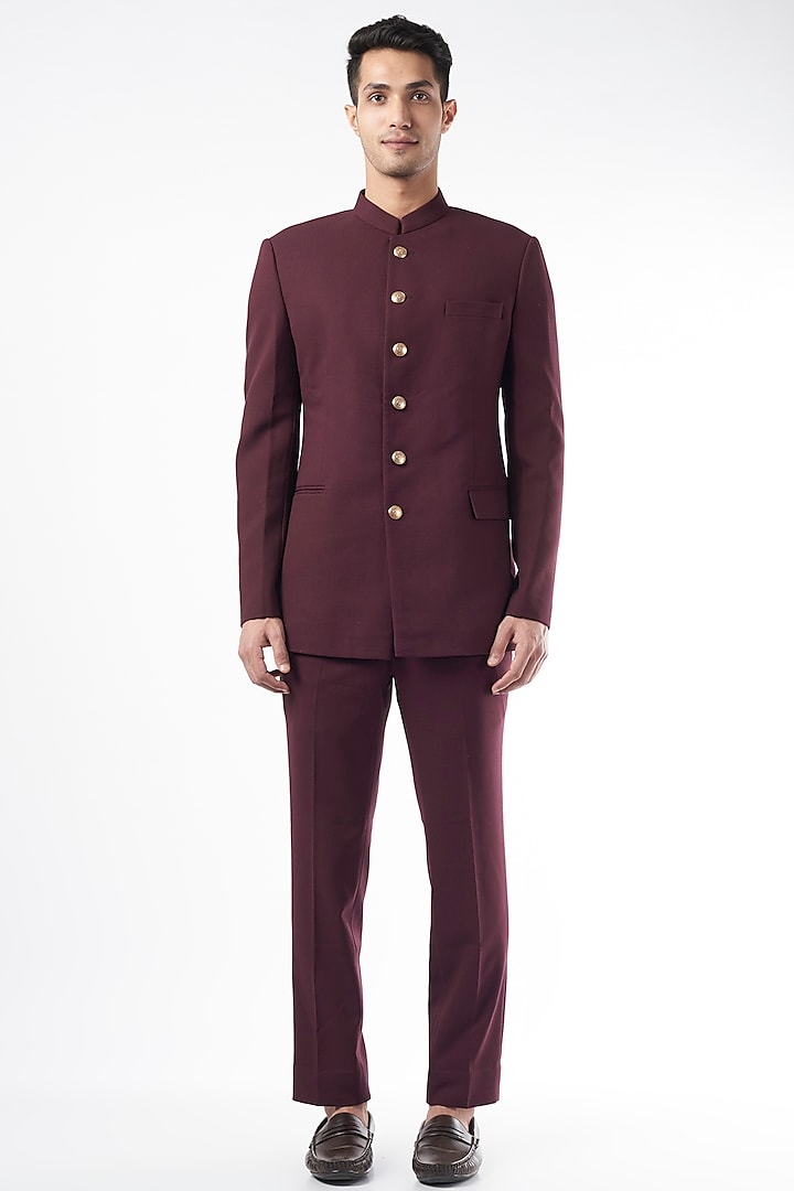 Wine Wedding Bandhgala Jacket Set by Qbik Men at Pernia's Pop Up Shop