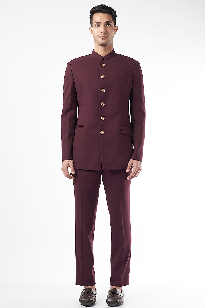 Wine Bandhgala Jacket Set by Qbik Men