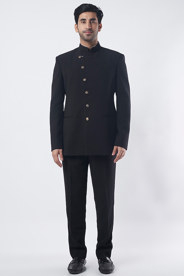 Black Viscose Wool Wedding Bandhgala Jacket Set by Qbik Men at Pernia's Pop Up Shop