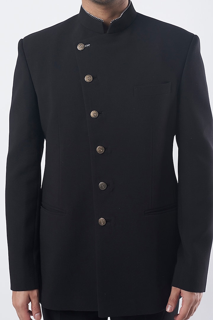 Black Viscose Wool Wedding Bandhgala Jacket Set by Qbik Men at Pernia's Pop Up Shop