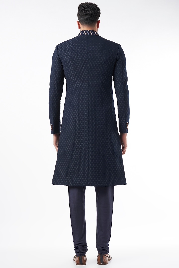 Navy Blue Embroidered Wedding Sherwani Set by Qbik Men at Pernia's Pop Up Shop