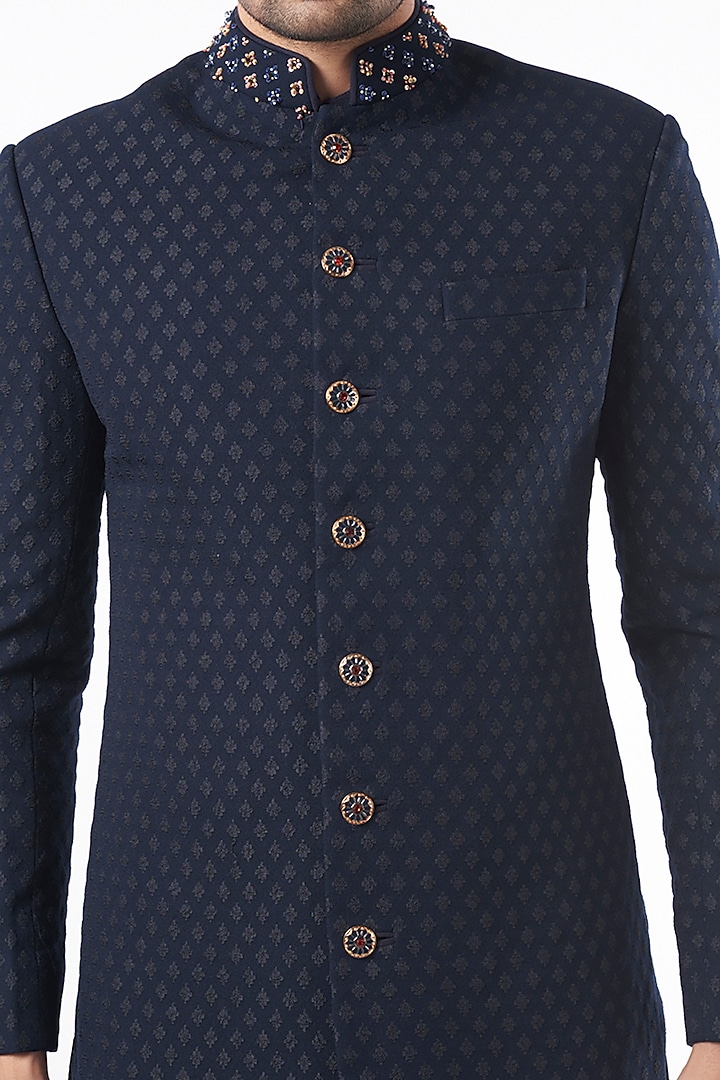 Navy Blue Embroidered Wedding Sherwani Set by Qbik Men at Pernia's Pop Up Shop