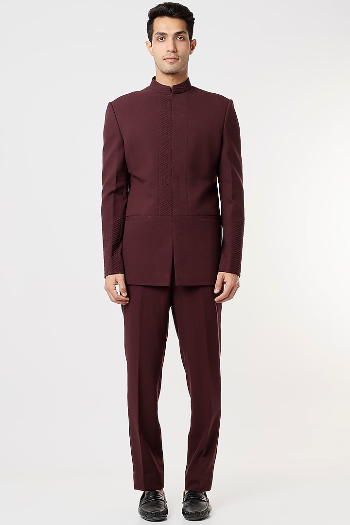 Wine Viscose Wool Wedding Bandhgala Jacket Set by Qbik Men at Pernia's Pop Up Shop