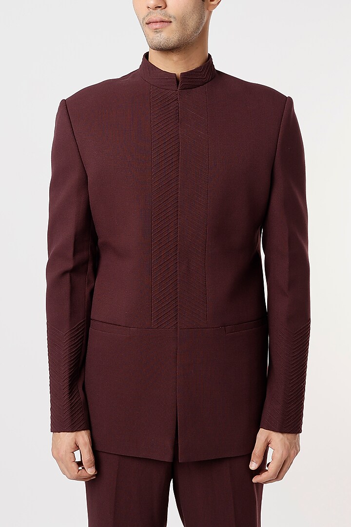 Wine Viscose Wool Wedding Bandhgala Jacket Set by Qbik Men at Pernia's Pop Up Shop
