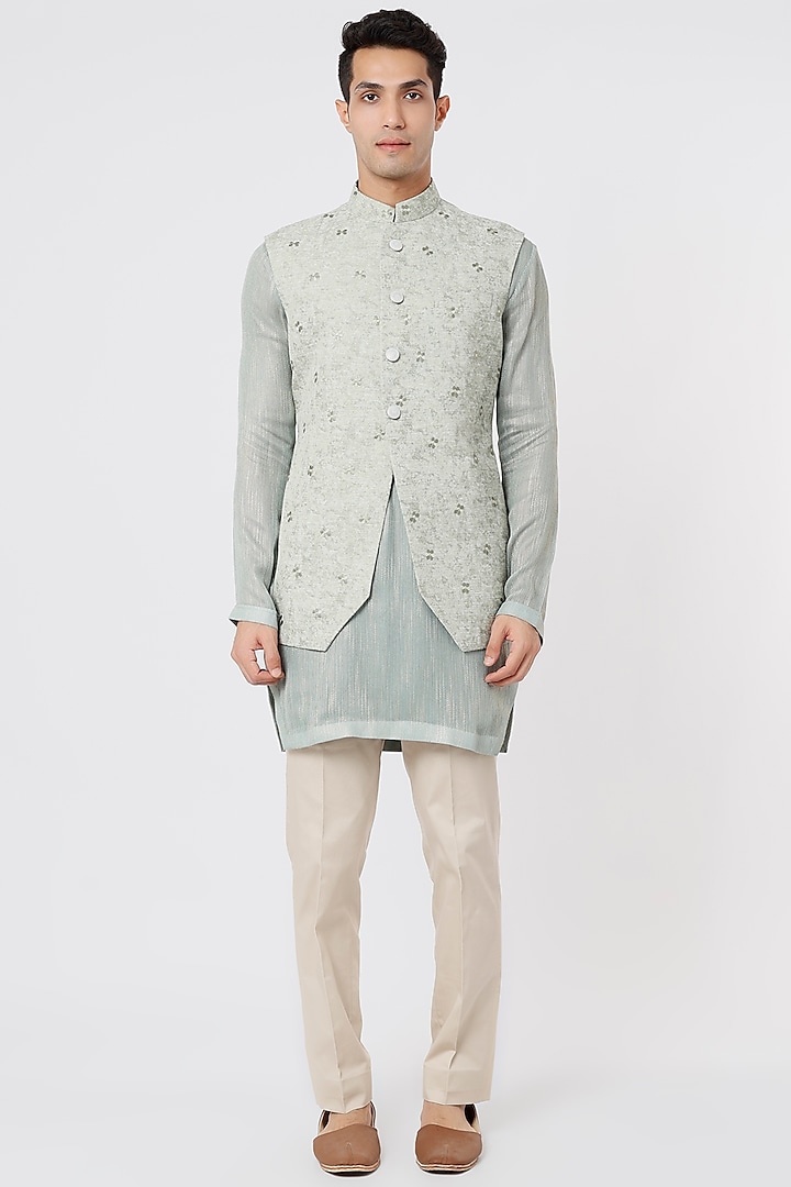 Grey Embroidered Bundi Jacket With Kurta Set by Qbik Men
