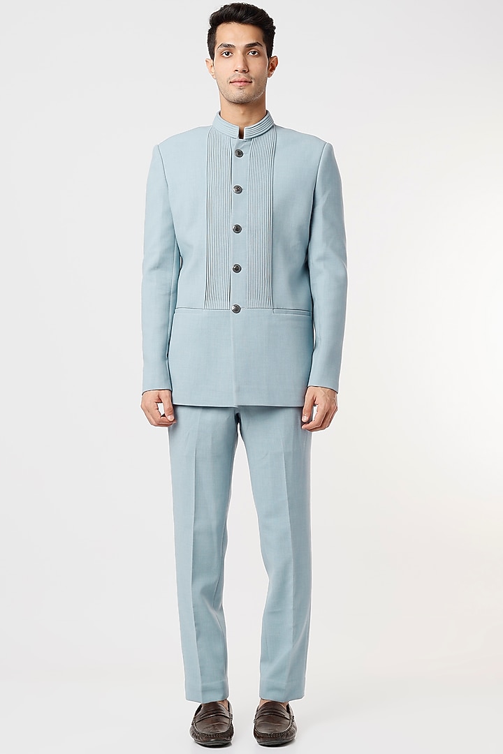 Sky Blue Viscose Wool Wedding Bandhgala Jacket Set by Qbik Men at Pernia's Pop Up Shop