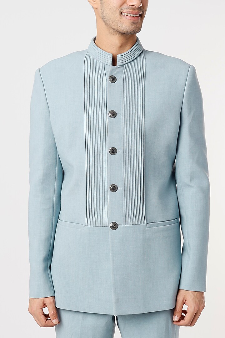 Sky Blue Viscose Wool Wedding Bandhgala Jacket Set by Qbik Men at Pernia's Pop Up Shop