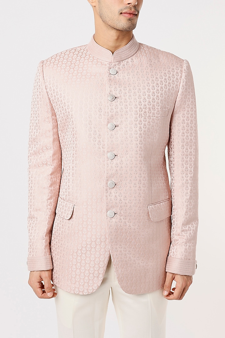 Blush Pink Viscose Wedding Bandhgala Jacket Set by Qbik Men at Pernia's Pop Up Shop