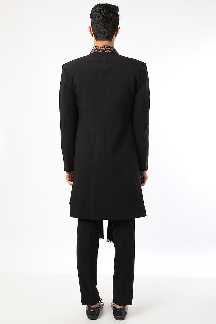 Black Viscose Wool Indo Western Set With Drape by Qbik Men at Pernia's Pop Up Shop