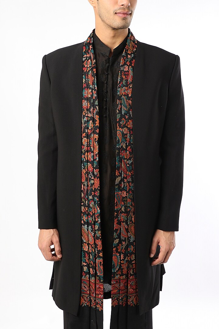 Black Viscose Wool Indo Western Set With Drape by Qbik Men at Pernia's Pop Up Shop