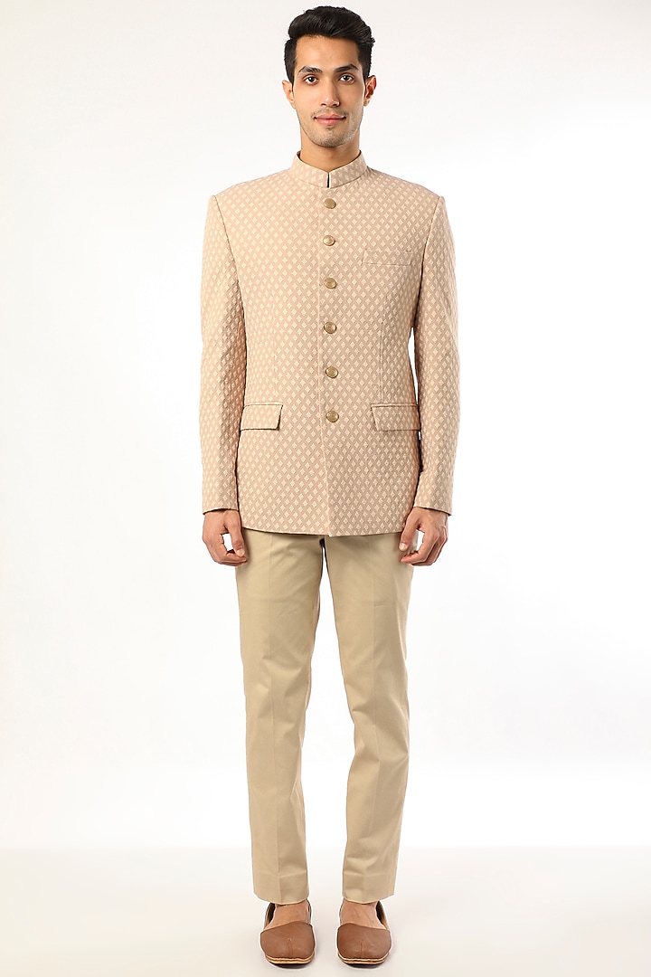 Blush Pink Viscose Wool Angrakha Bandhgala Set by Qbik Men