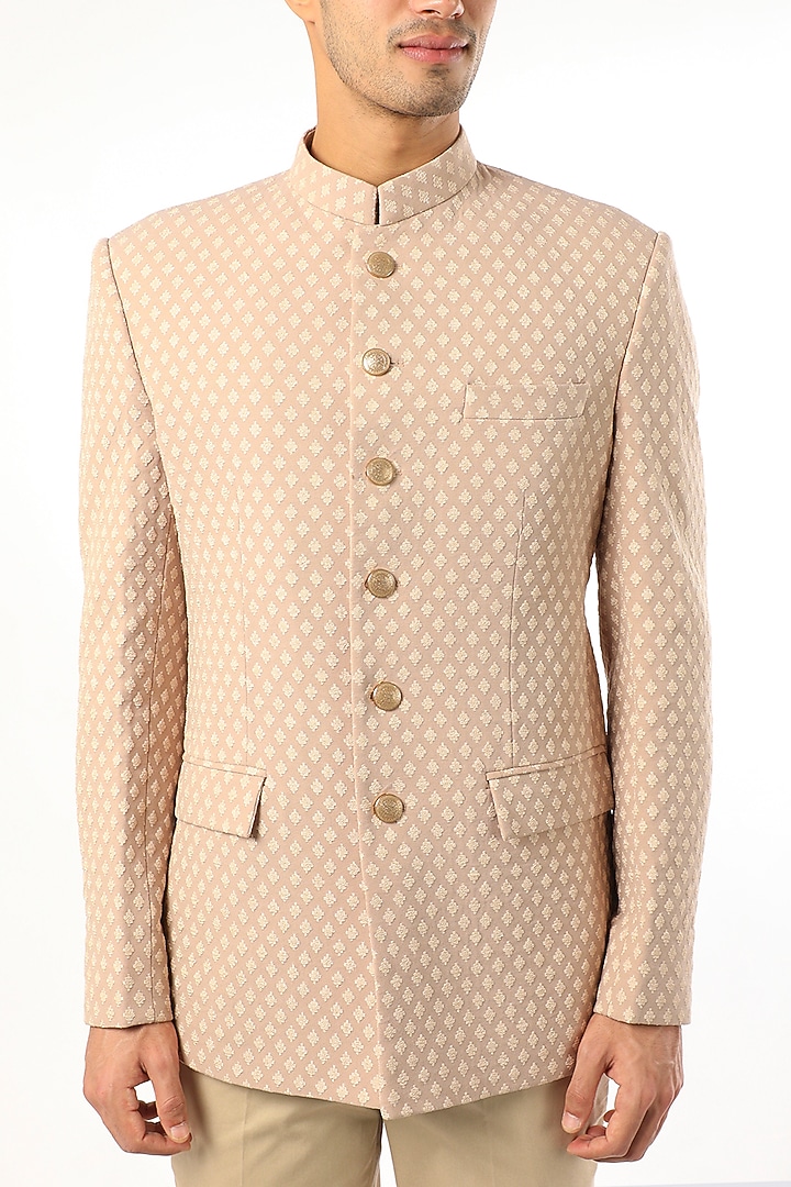 Blush Pink Viscose Wool Angrakha Wedding Bandhgala Set by Qbik Men at Pernia's Pop Up Shop
